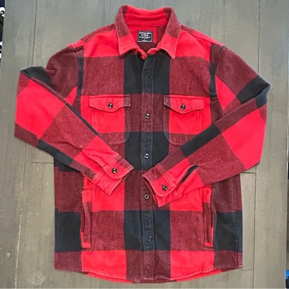 VTG Abercrombie & Fitch shirt Men’s Red Black Buffalo Plaid shacket barncoat L - Picture 7 of 11